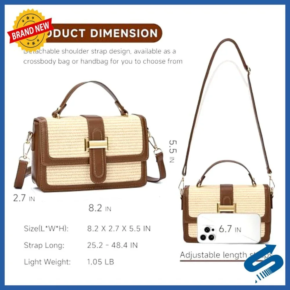 Straw Crossbody Bag PU Leather Adjustable Strap Woven Pattern Chic Summer
